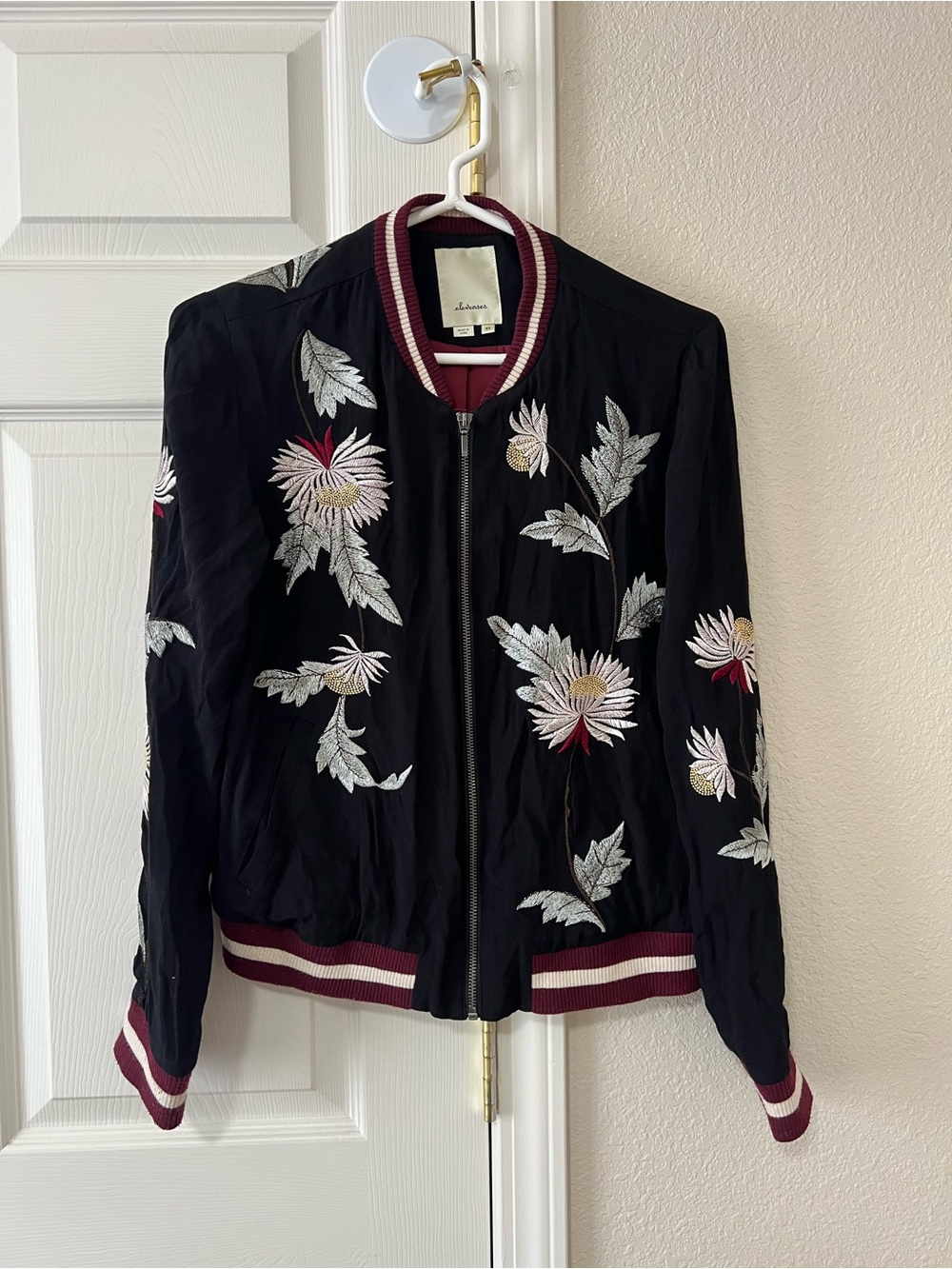 Elevenses Anthropologie Solstice Embroidered Floral Bomber Jacket Black XS